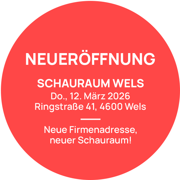 Infografik: Neueröffnung, Schauraum Wels, Neue Firmenadresse, neuer Schauraum.